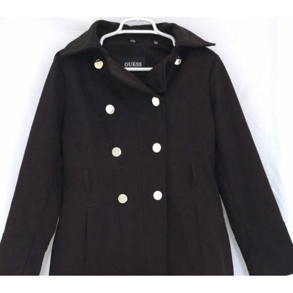 Guess Women's Double-Breasted Black Peacoat With Hood & Gold Buttons Size Medium - Picture 4 of 8